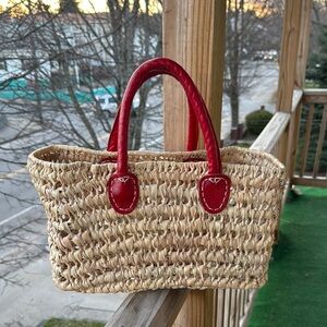 Woven Straw Tote with leather  Red Handles